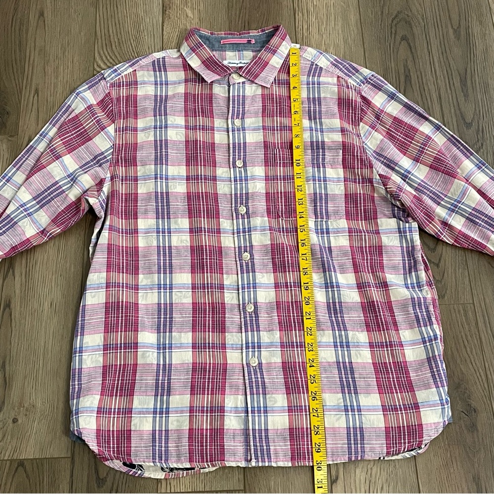 Tommy Bahama Plaid Long Sleeve Floral Shirt Plaid Collard Camp Mens Large - Picture 13 of 14